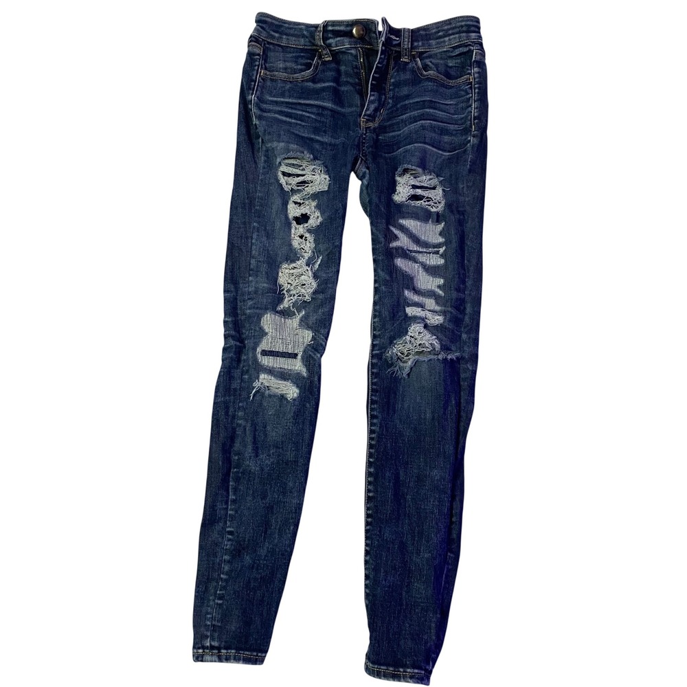 American Eagle Hi-Rise Jegging Dark Wash Distressed Super Stretch X Jeans Size 4 - Picture 1 of 6
